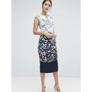 Ted Baker Tiha Enchantment blue purple floral midi sheath dress size 3 or US 8